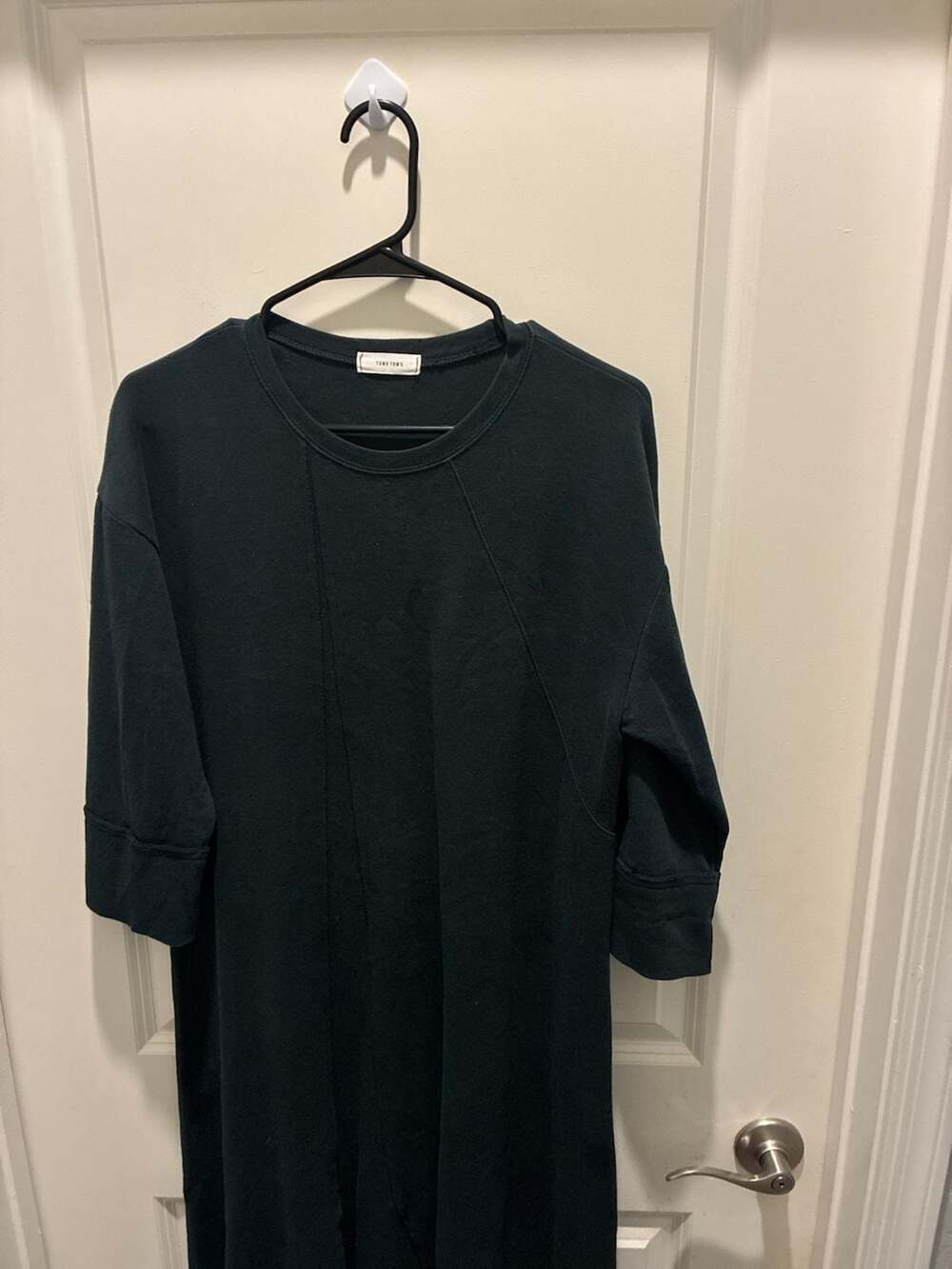 Tomo Tom's Black Oversized T-Shirt Dress with 3/4 Sleeves and Seam Details